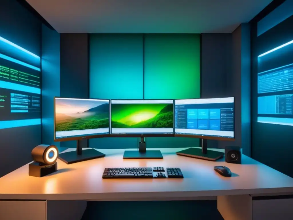 Espacio de trabajo de análisis forense digital con potente computadora, monitores múltiples, kit forense y luces LED azules y verdes