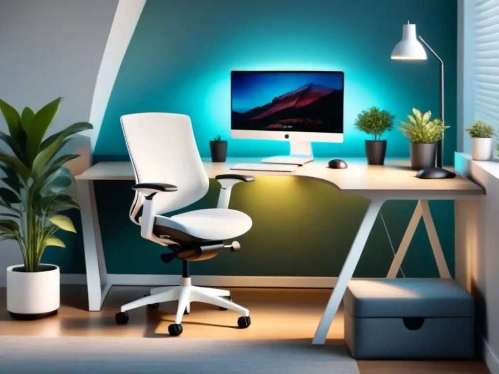 Un espacio de trabajo eficiente y ergonómico con muebles modernos y detalles verdes, siguiendo los principios ergonómicos