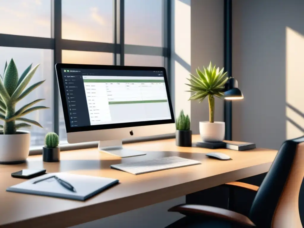 Espacio de trabajo elegante con las mejores herramientas software gestión proyectos en pantalla, transmitiendo organización y eficiencia