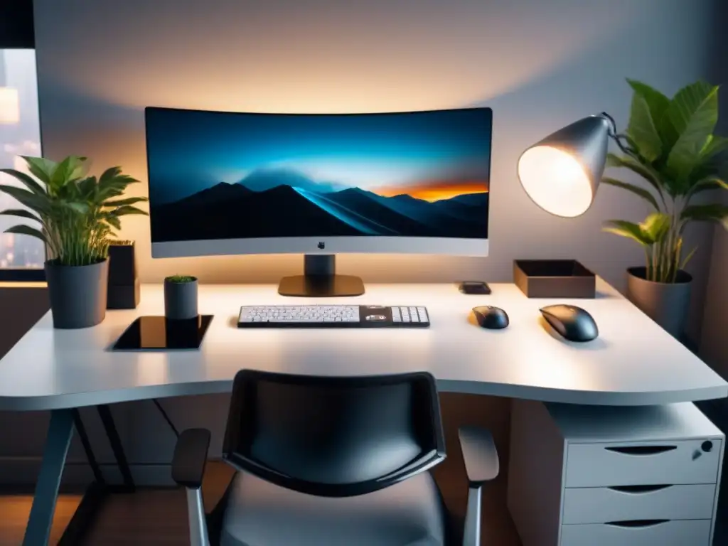 Espacio de trabajo ergonómico con diseño moderno, monitor ultrapanorámico y planta