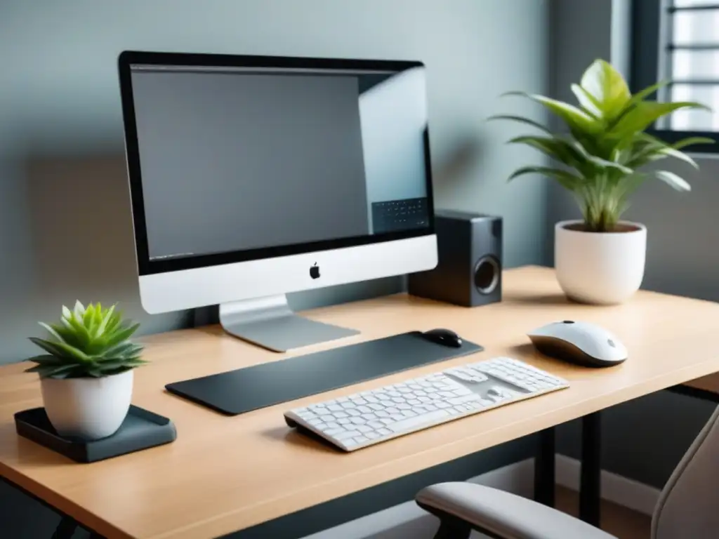 Un espacio de trabajo ergonómico y minimalista en tonos blancos y verdes, ideal para implementar en tu empresa