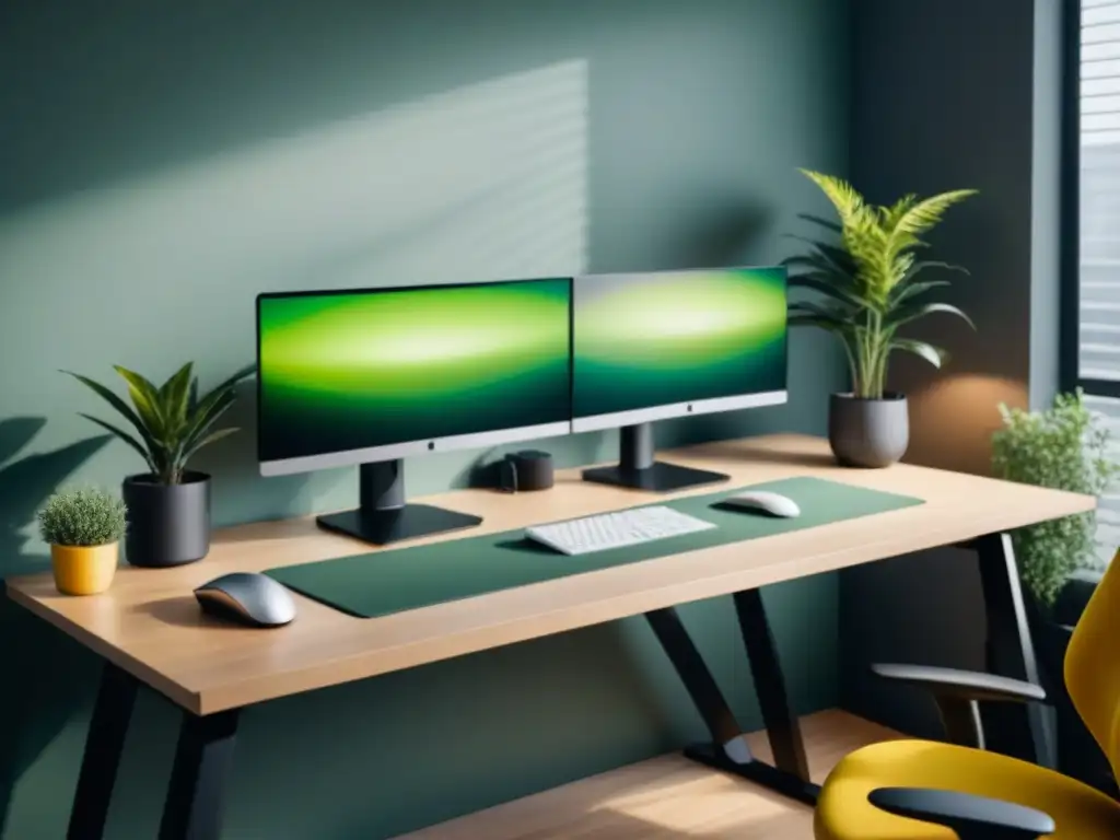 Un espacio de trabajo ergonómico, con una silla y escritorio modernos, monitores duales y plantas