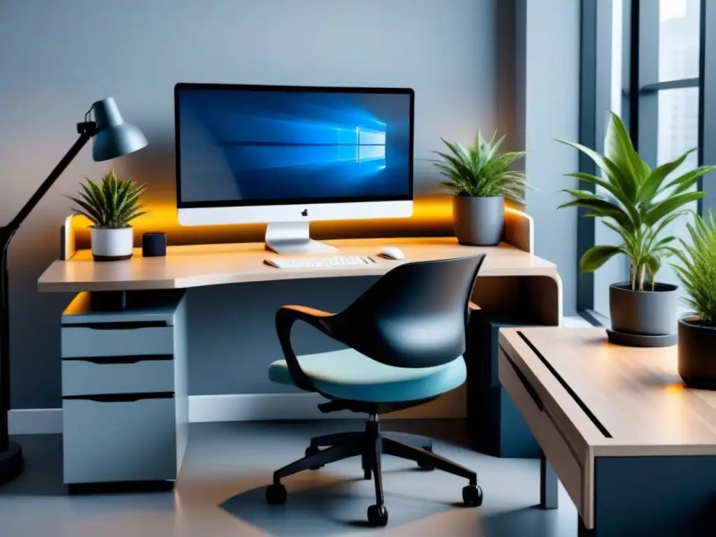 Espacio de trabajo futurista e ergonómico con silla ajustable, escritorio y monitor ultrapanorámico