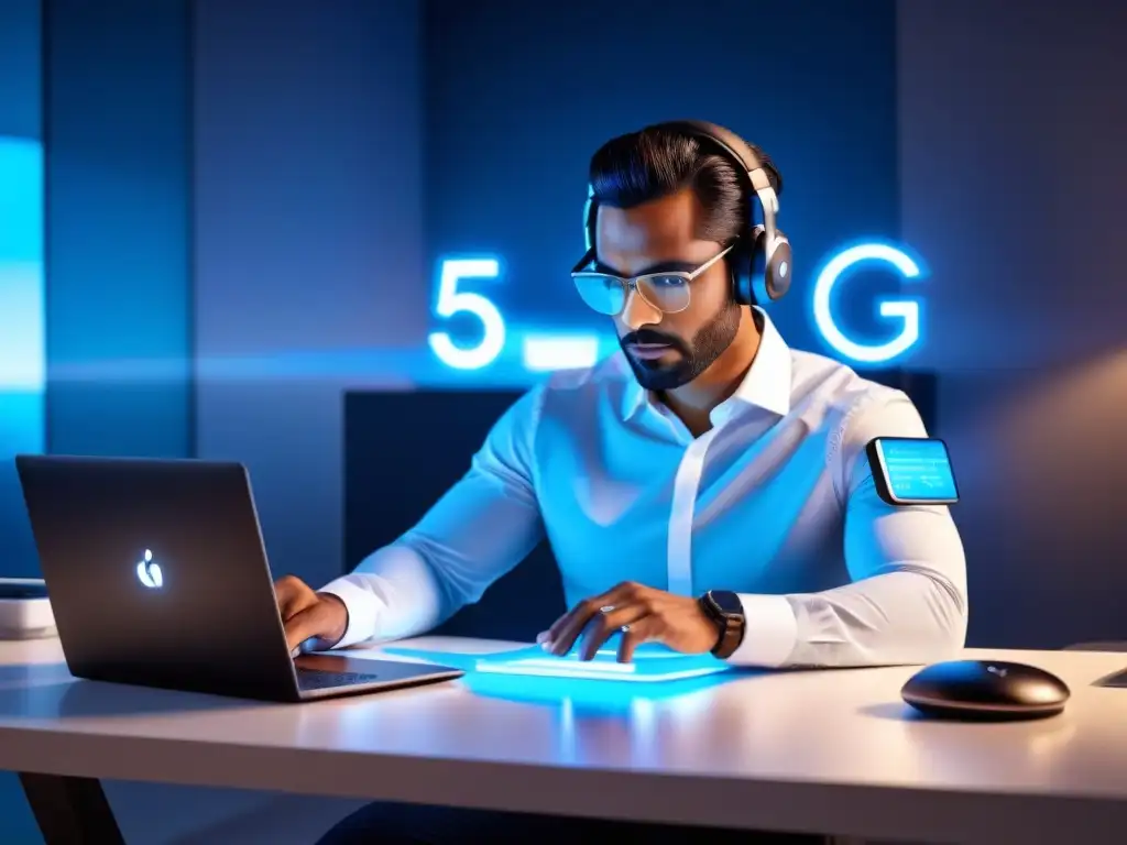 Un espacio de trabajo futurista con hologramas y tecnología 5G