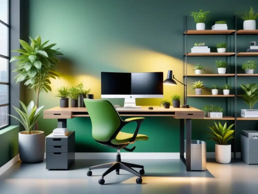 Un espacio de trabajo industrial moderno con principios ergonómicos, diseño minimalista y plantas