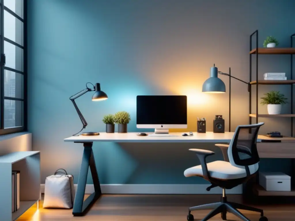 Un espacio de trabajo industrial moderno y elegante, con colores serenos y elementos ergonómicos