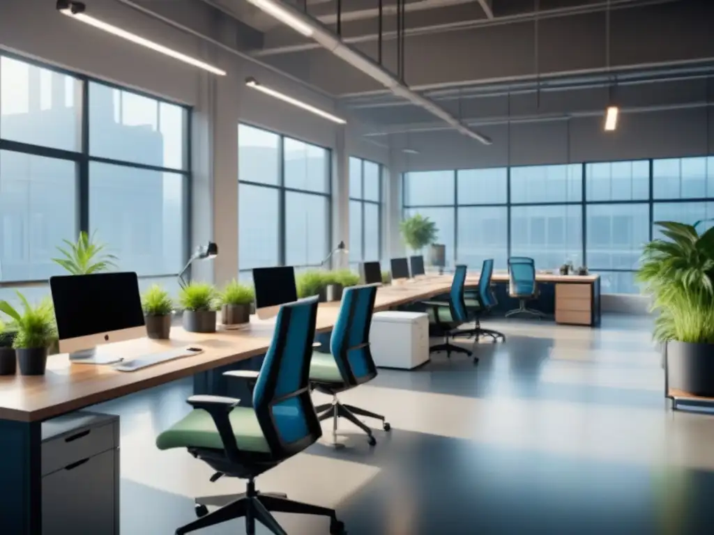 Un espacio de trabajo industrial moderno y ergonómico, con luz natural y plantas verdes para la salud mental