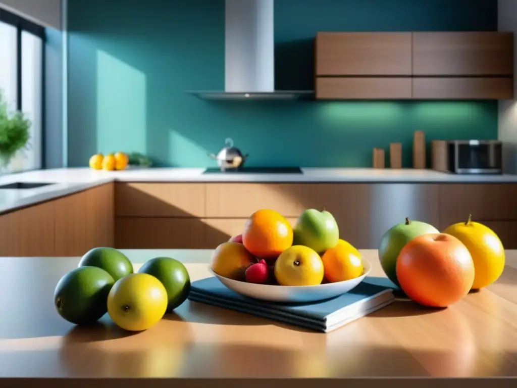 Espacio de trabajo con mesa de madera, fruta fresca, revistas sobre bienestar y botella de agua