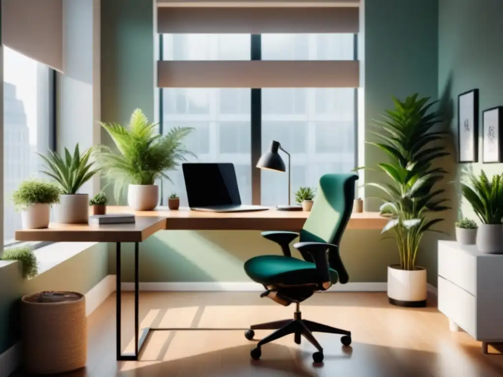 Espacio de trabajo minimalista con diseño ergonómico y plantas, ideal para la salud mental