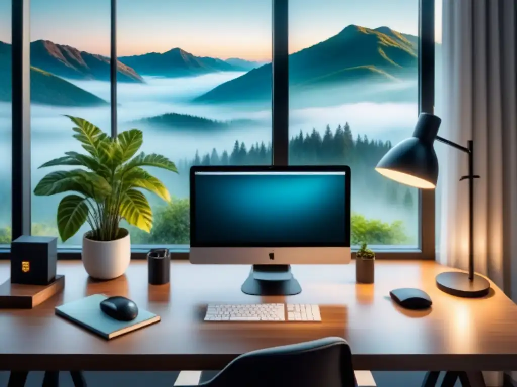 Oficina minimalista para trabajar desde casa Un espacio de trabajo minimalista y elegante con vistas al aire libre, ideal para la optimización empresa éxito teletrabajo