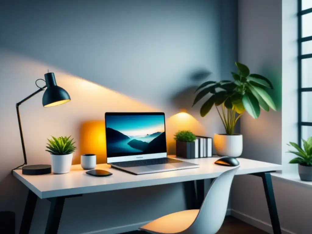 Oficina minimalista y moderna para trabajo remoto Un espacio de trabajo minimalista y elegante con elementos modernos y toque de naturaleza, ideal para la optimización empresa éxito teletrabajo