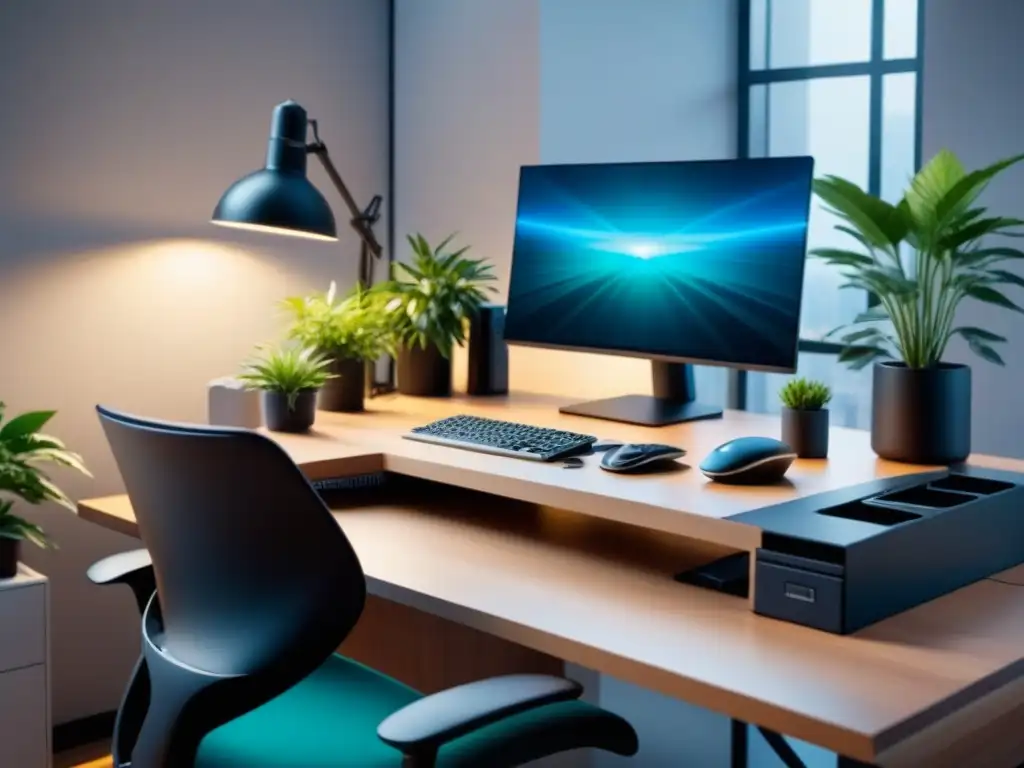 Espacio de trabajo minimalista con herramientas ergonómicas para trabajo saludable