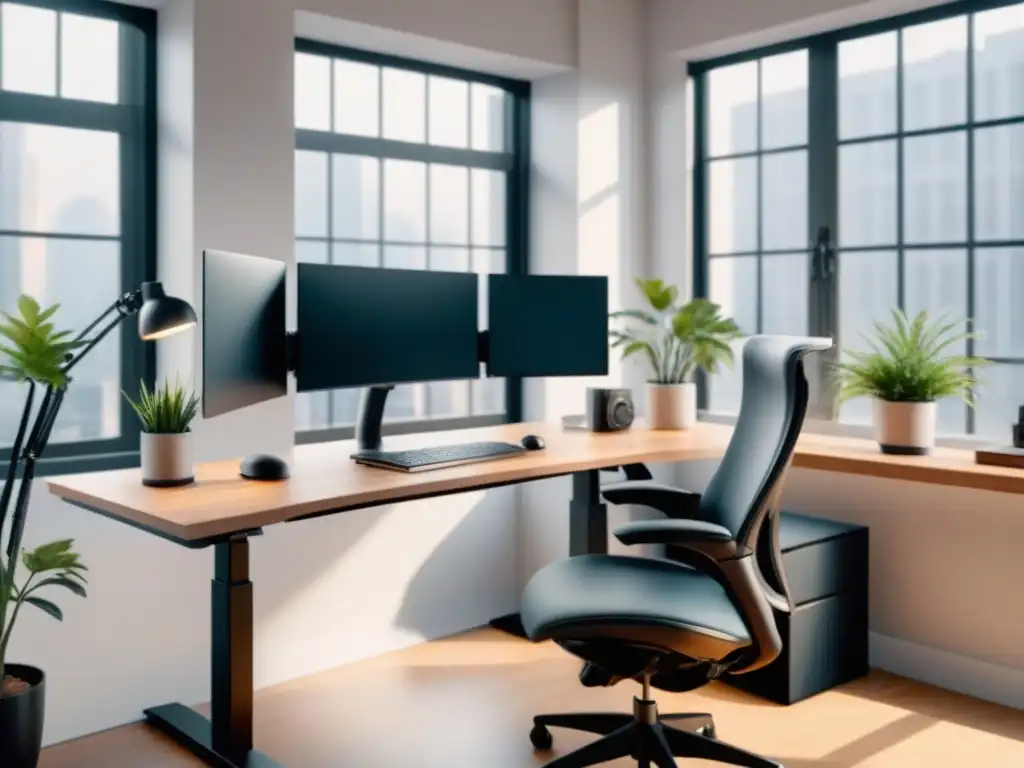 Un espacio de trabajo minimalista con herramientas ergonómicas para trabajo saludable