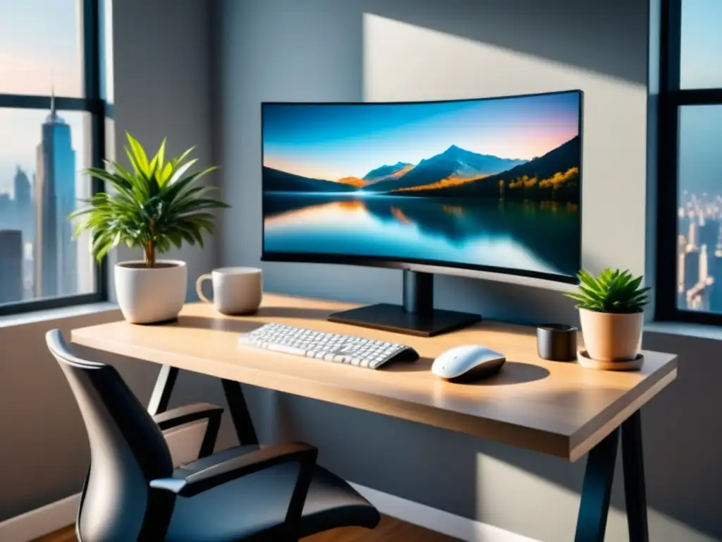 Un espacio de trabajo minimalista con herramientas ergonómicas para trabajo saludable