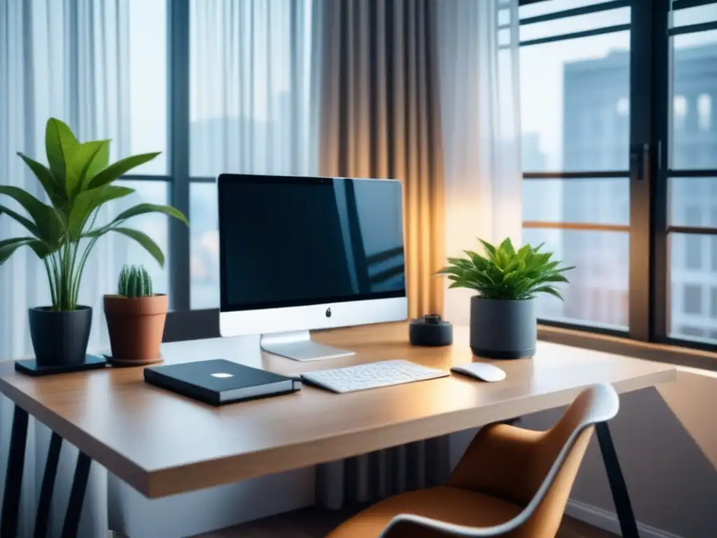 Un espacio de trabajo minimalista con integración tecnológica, plantas y gafas, bañado en luz natural