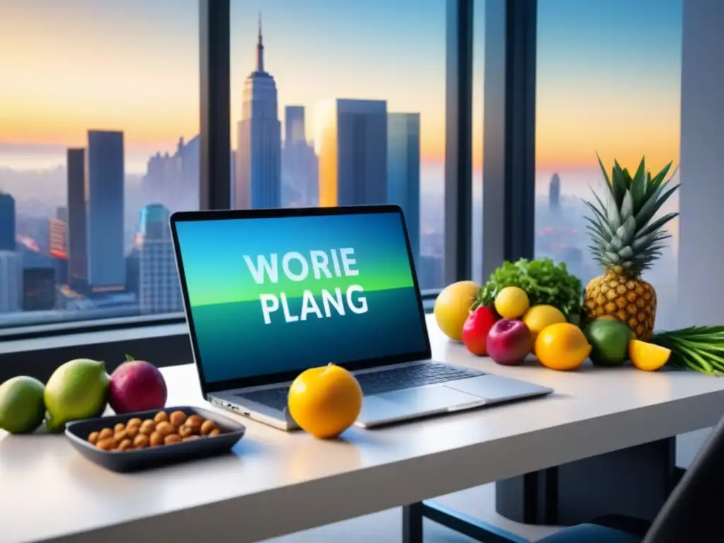 Un espacio de trabajo minimalista con un plan de comidas equilibrado y colorido, rodeado de alimentos frescos y organizados