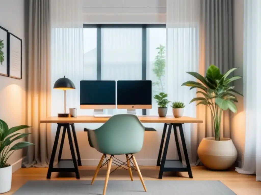 Un espacio de trabajo minimalista y sereno con un escritorio moderno, laptop, planta y café, perfecto para teletrabajo