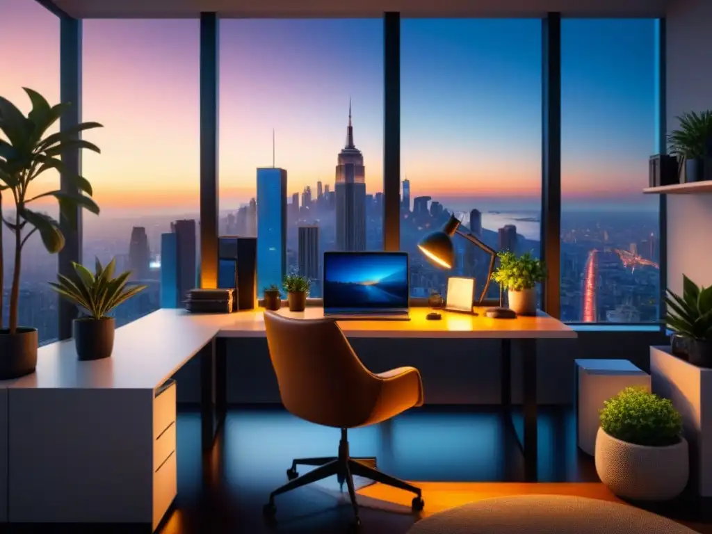 Un espacio de trabajo minimalista con vista a la ciudad al atardecer