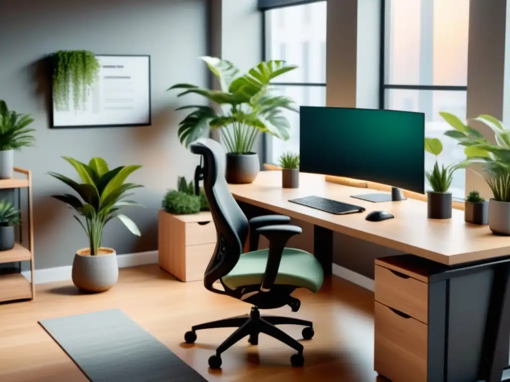 Espacio de trabajo ergonómico y moderno en 8k Un espacio de trabajo moderno y ergonómico en una empresa con prácticas ergonómicas efectivas
