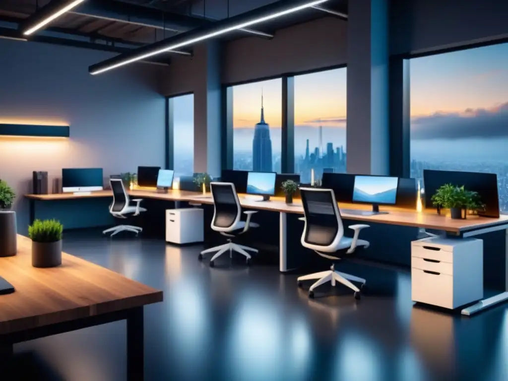 Espacio de trabajo ergonómico: diseño moderno para productividad Un espacio de trabajo moderno e industrial, resaltando la importancia de la ergonomía laboral
