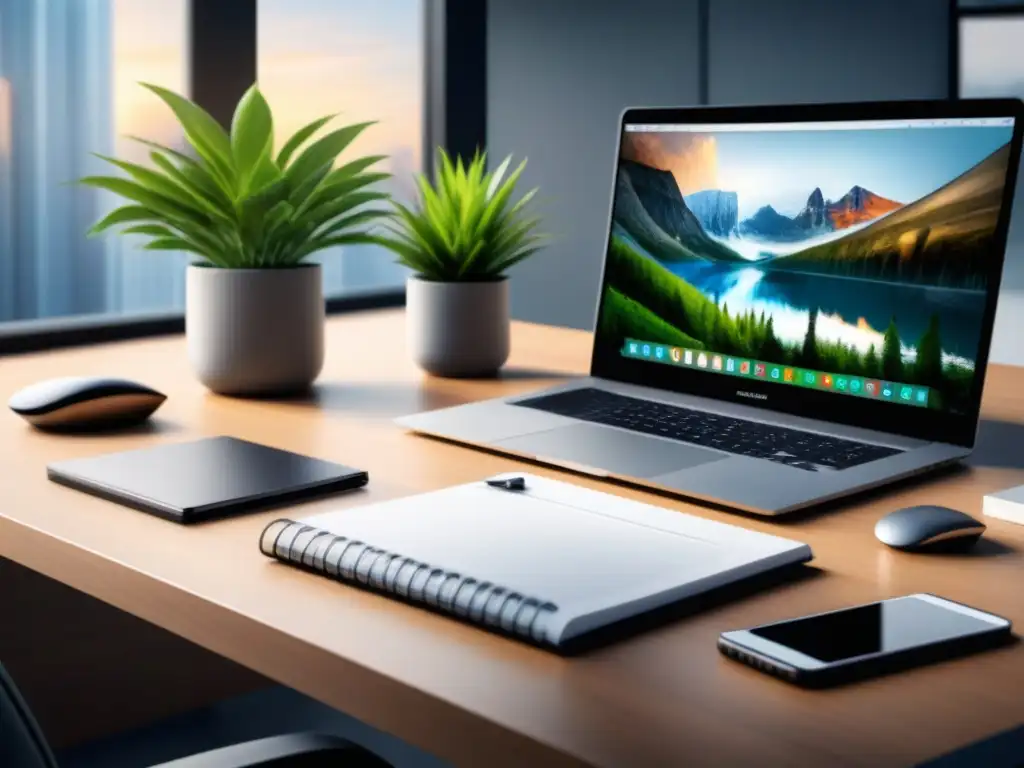 Oficina minimalista: organización perfecta para el éxito empresarial Un espacio de trabajo moderno y minimalista con elementos organizados, iluminación natural y plantas