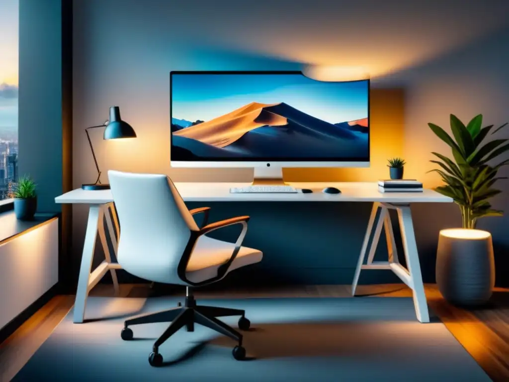 Un espacio de trabajo moderno y minimalista con monitorización de condiciones ergonómicas laborales