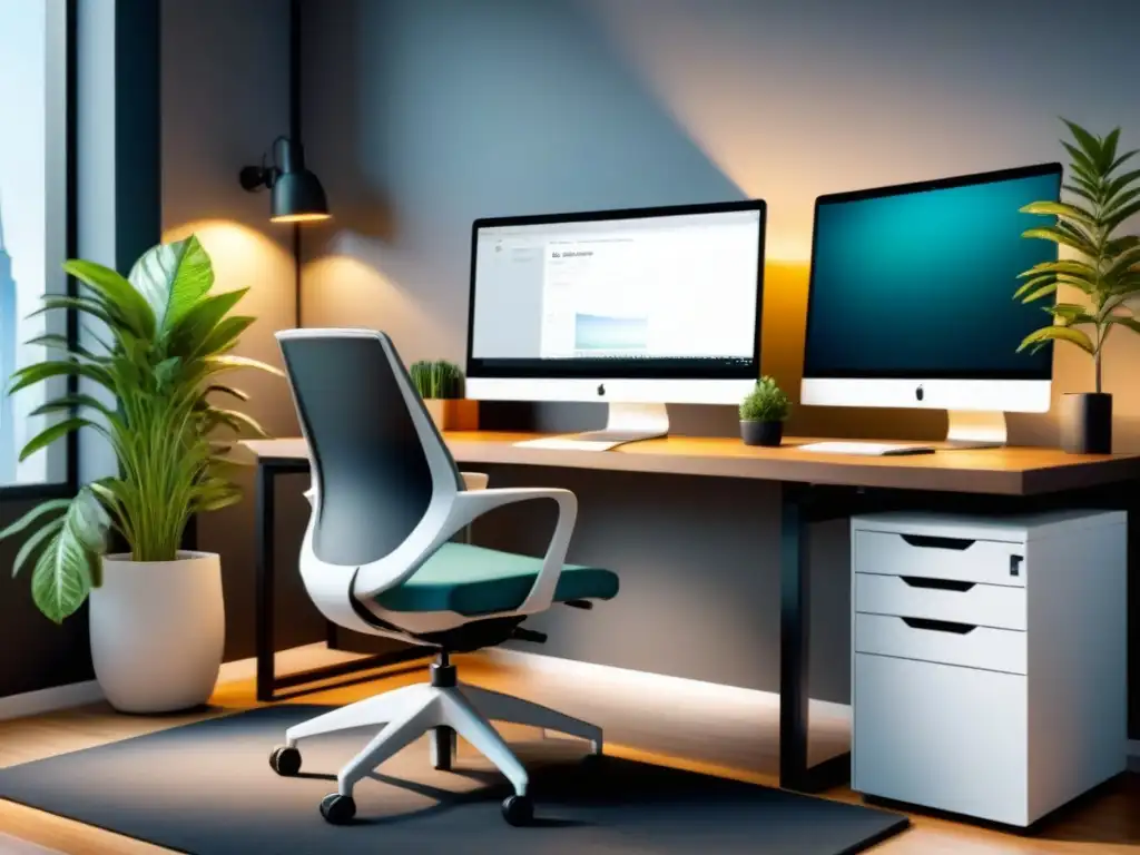 Un espacio de trabajo moderno y minimalista con principios ergonómicos para estaciones de trabajo eficientes