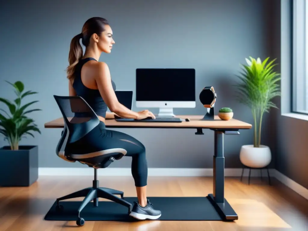 Un espacio de trabajo moderno y minimalista con dispositivos para fomentar actividad laboral, equilibrio entre trabajo y ejercicio