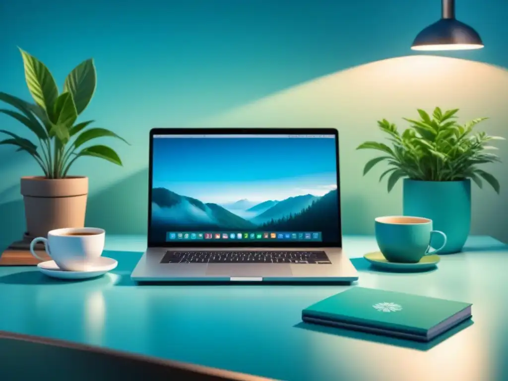 Un espacio de trabajo sereno con aplicaciones digitales para controlar estrés, laptop, planta, té y diario mindfulness