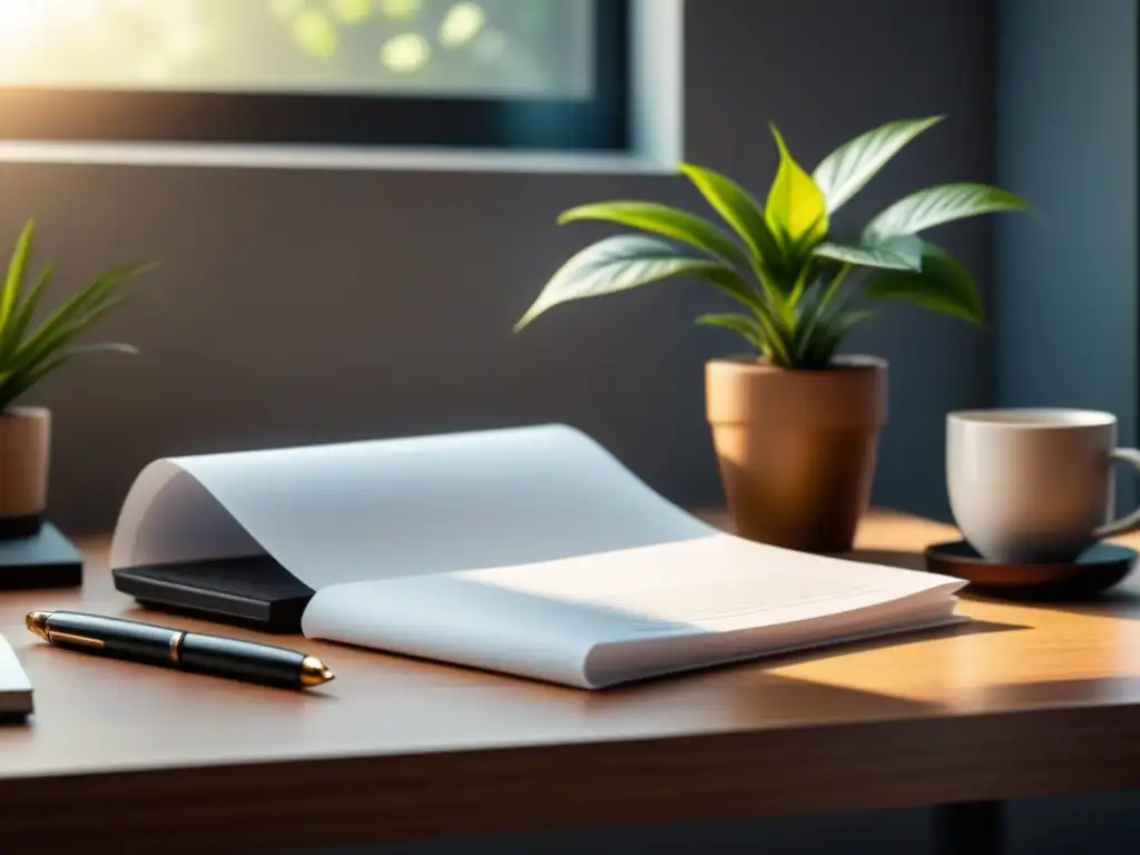 Un espacio de trabajo sereno y minimalista con una planta verde, papeles organizados, laptop y gafas sobre un escritorio de madera