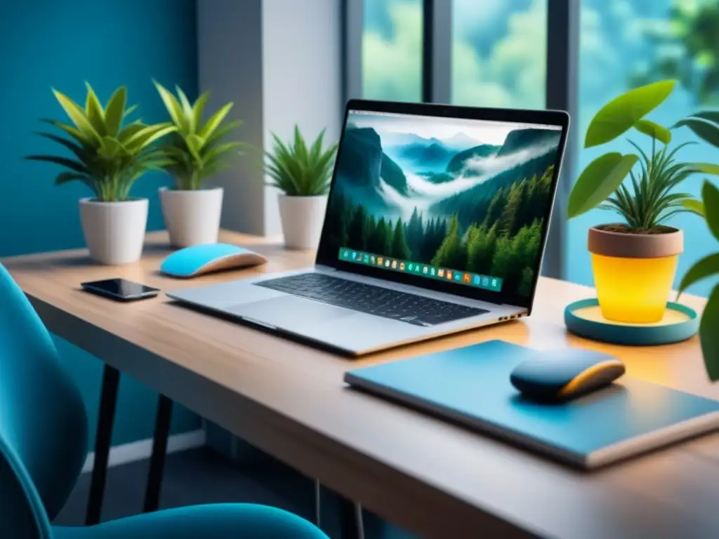 Un espacio de trabajo sereno y minimalista con una aplicación digital para controlar el estrés, en tonos azules y verdes calmantes