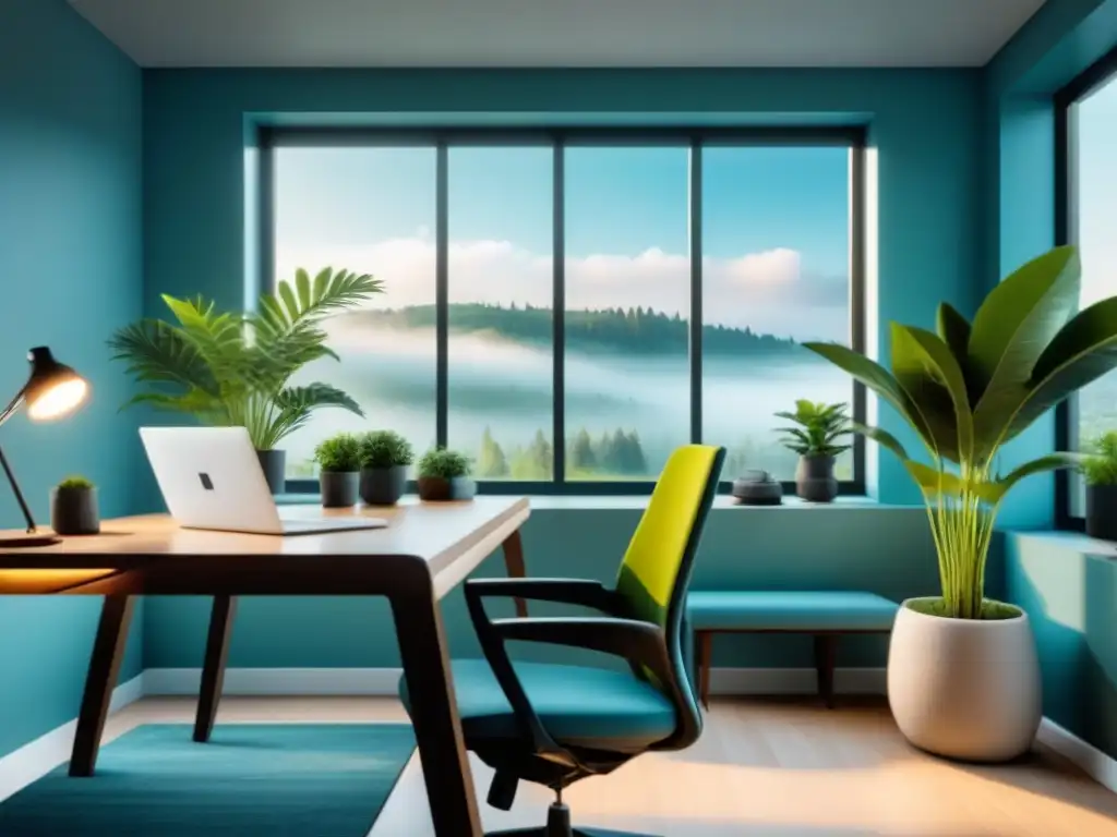 Un espacio de trabajo sereno y minimalista con una silla ergonómica elegante, un escritorio ordenado con una laptop, una planta al fondo y una gran ventana que muestra una vista exterior tranquila