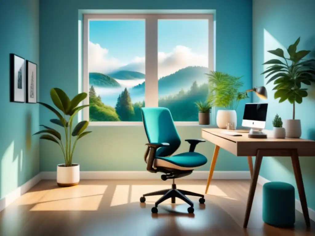 Un espacio de trabajo sereno y minimalista, con silla ergonómica, escritorio ordenado y planta, luz natural y paleta de colores relajantes