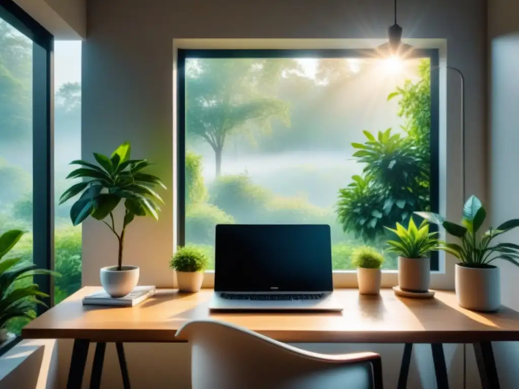 Un espacio de trabajo sereno y minimalista con vista a un exuberante jardín, una planta en maceta, laptop moderna y café humeante