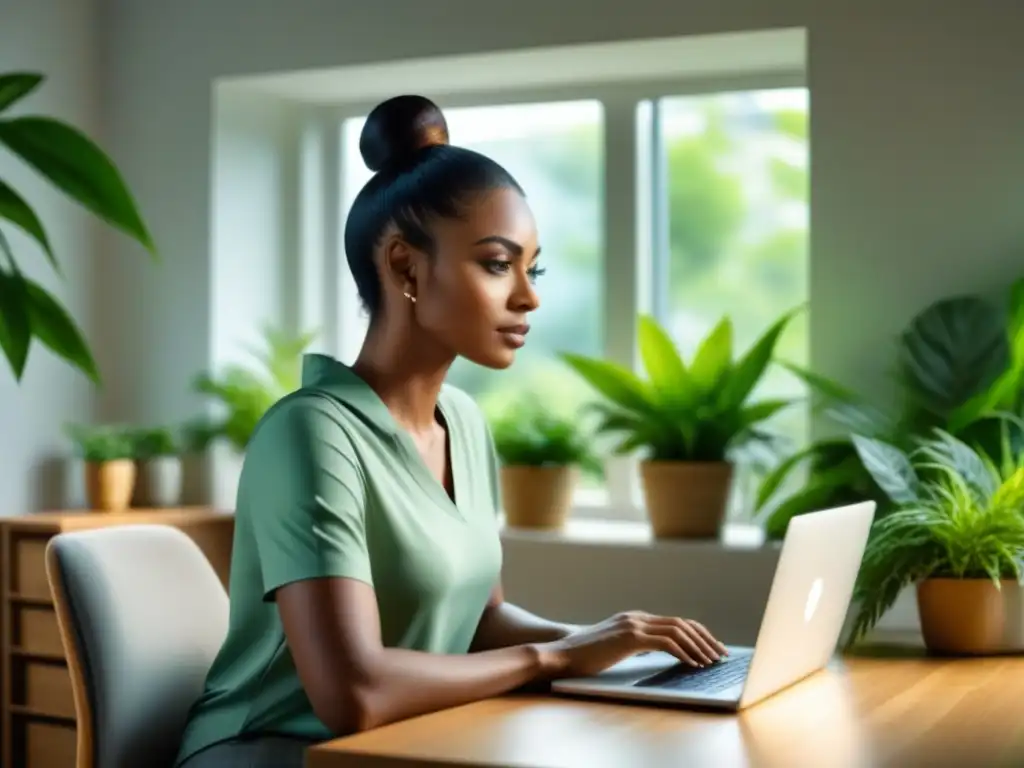 Un espacio de trabajo sereno y organizado con plantas verdes y luz natural, ideal para programas de bienestar para teletrabajo