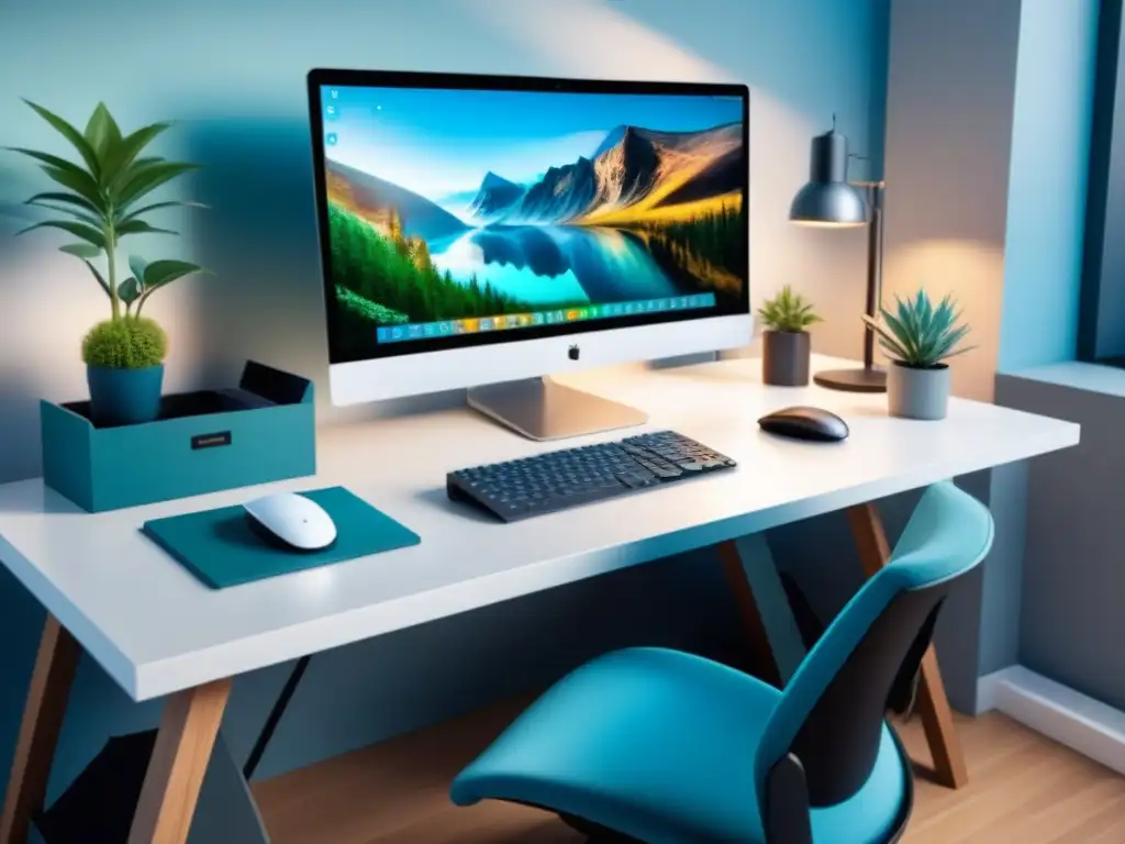 Un espacio de trabajo sereno y productivo en ergonomía con tonos relajantes de azules y verdes