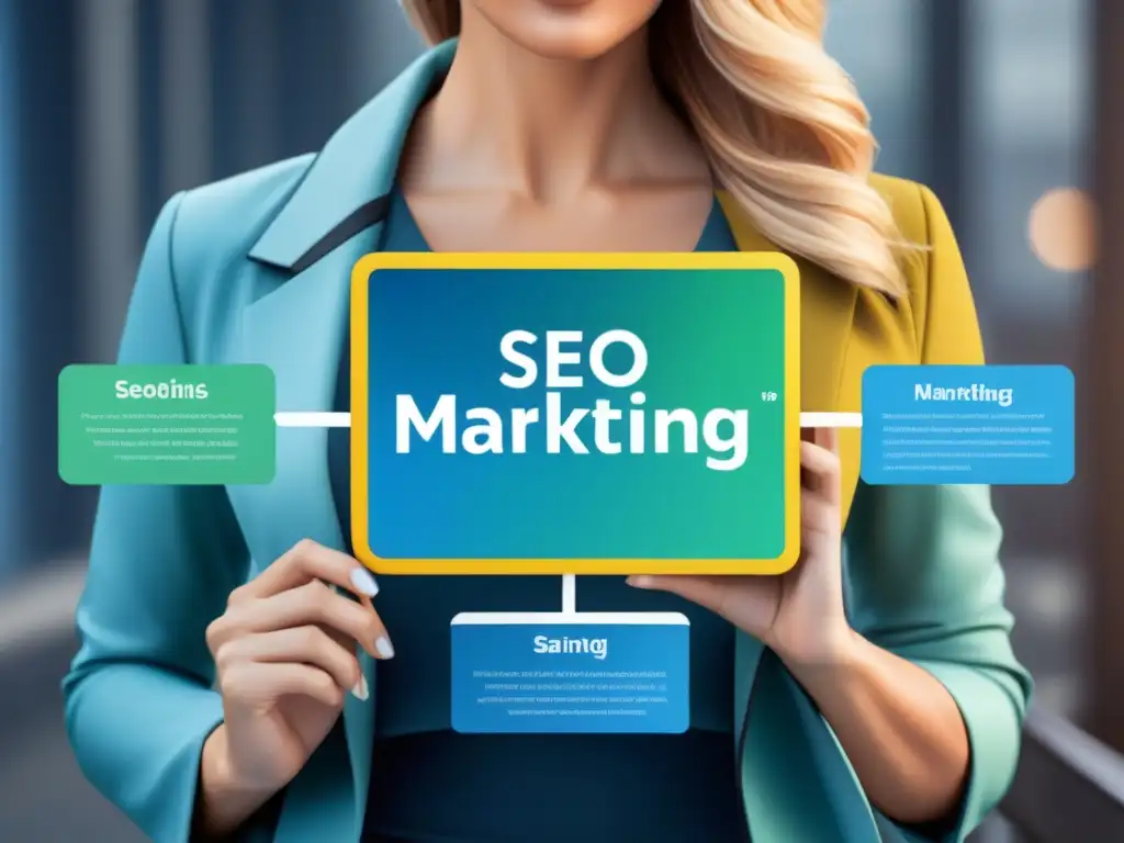 Un esquema minimalista y detallado de una estrategia de marketing digital, con nodos interconectados representando la creación de contenido, optimización SEO e integración en la industria