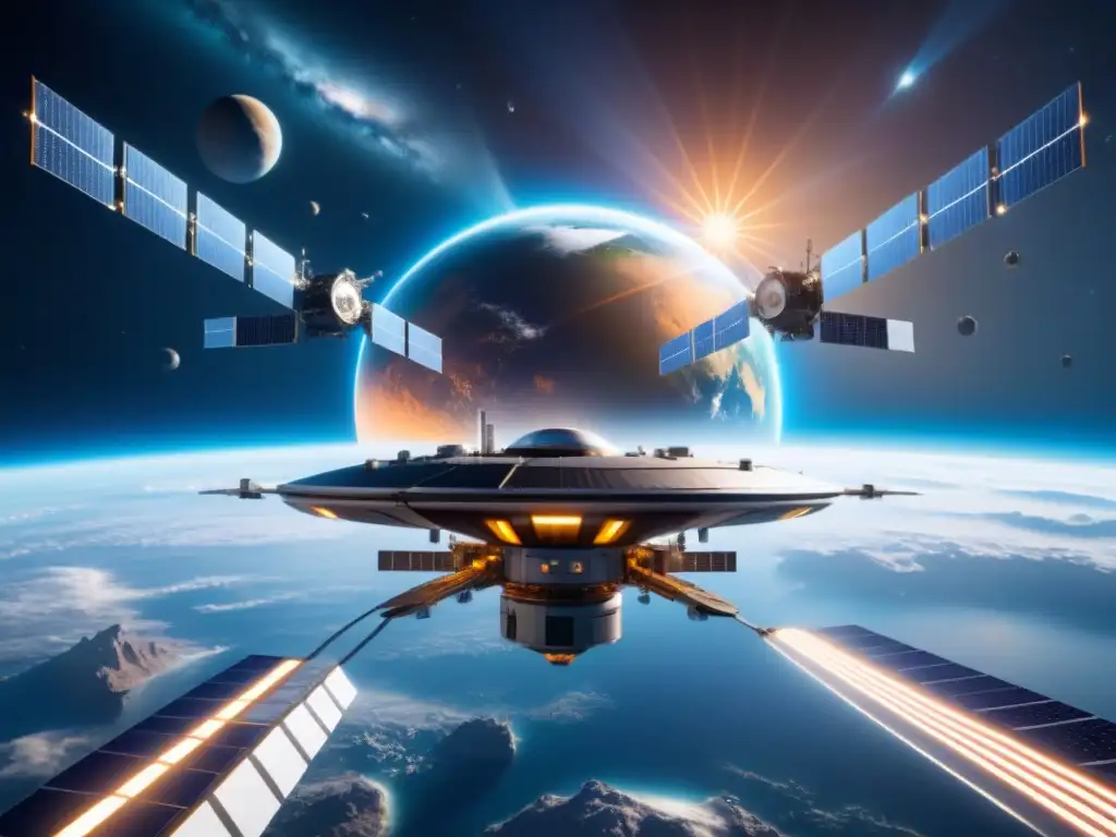 Una estación espacial futurista recicla desechos en el espacio, rodeada de brazos robóticos capturando escombros