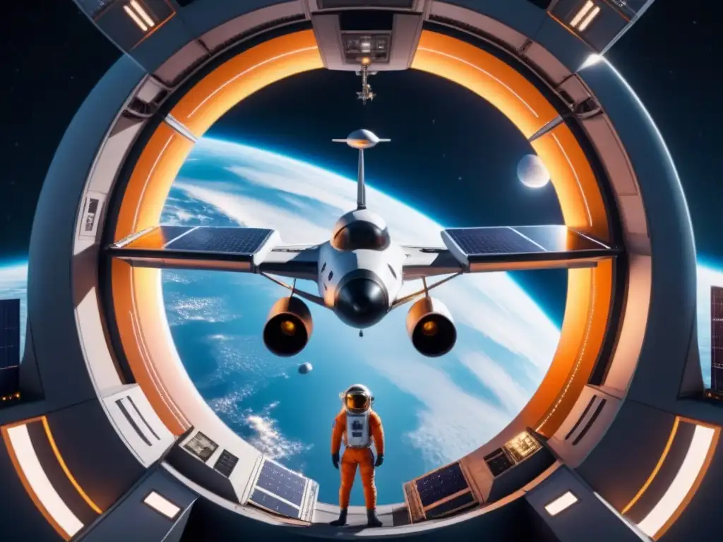 Una estación espacial futurista flotando en el espacio, destacando el reciclaje de desechos en el espacio