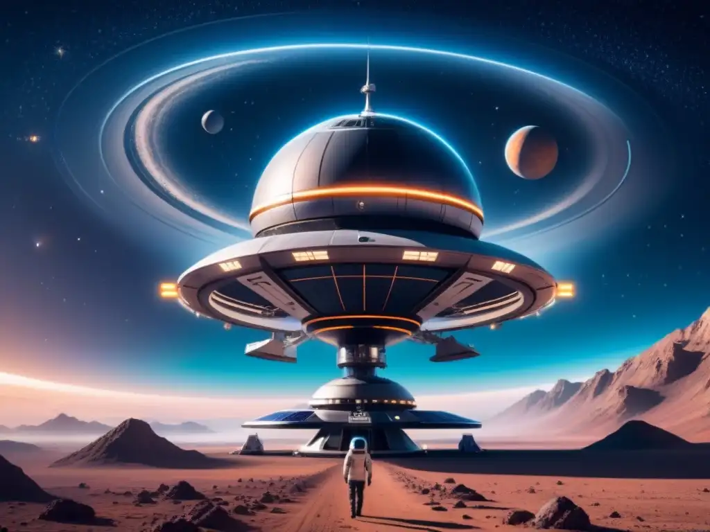 Estación espacial futurista en órbita: exploración espacial Una estación espacial futurista orbitando un planeta distante, con naves espaciales modernas y un fondo de estrellas