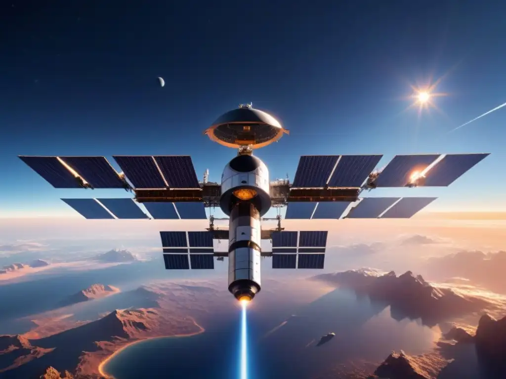 Una estación espacial futurista orbitando un sol radiante con paneles solares en el espacio, naves espaciales avanzadas