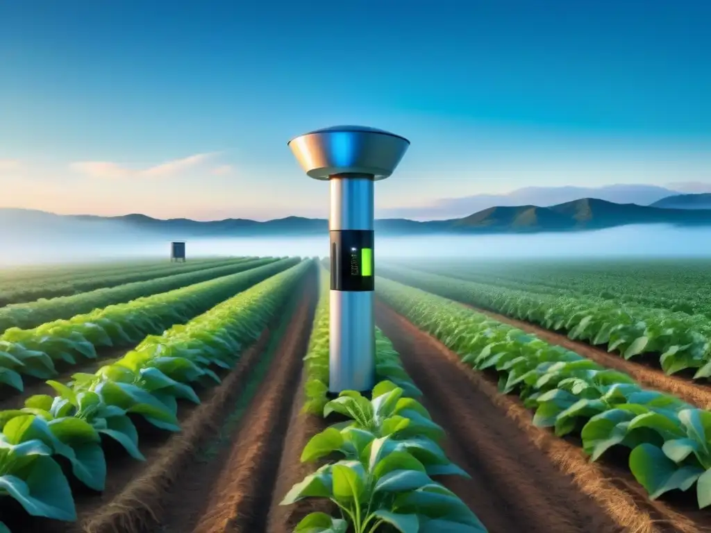 Una estación meteorológica futurista en un campo agrícola, rodeada de sensores de alta tecnología bajo un cielo azul