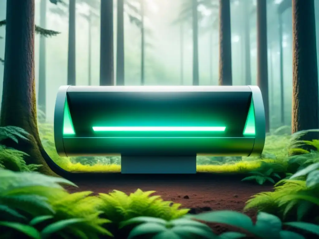 Una estación de monitoreo futurista en un bosque exuberante, con tecnologías emergentes para remediación ambiental