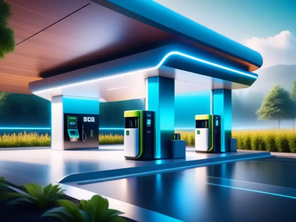 Una estación de servicio futurista y minimalista con tecnología innovadora y diseño ecológico