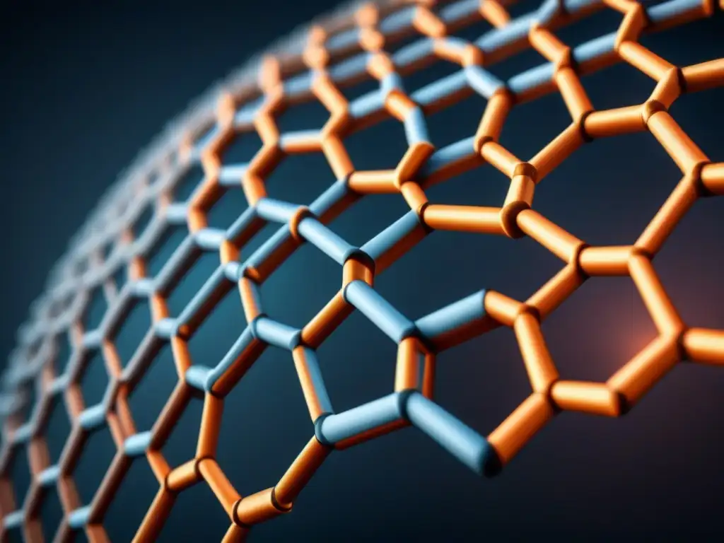 Estructura de grafeno en detalle: red hexagonal de átomos de carbono en un fondo oscuro