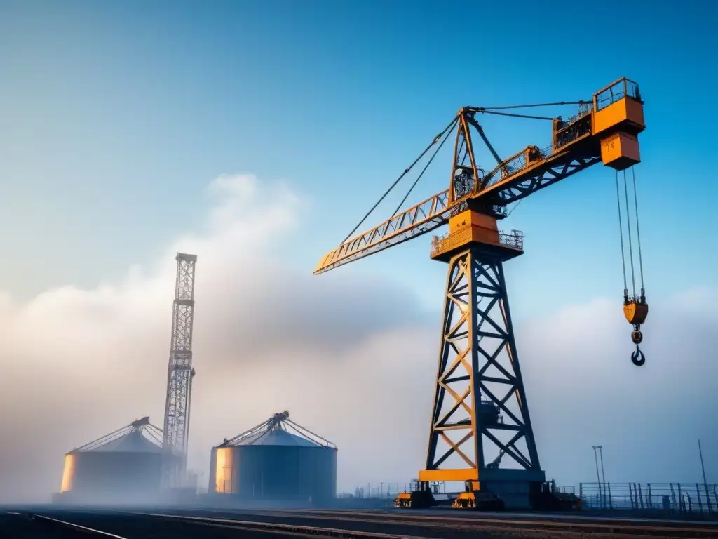 Estructura metálica de una grúa industrial en un cielo azul, simbolizando fuerza y eficiencia en el mercado competitivo de la industria pesada