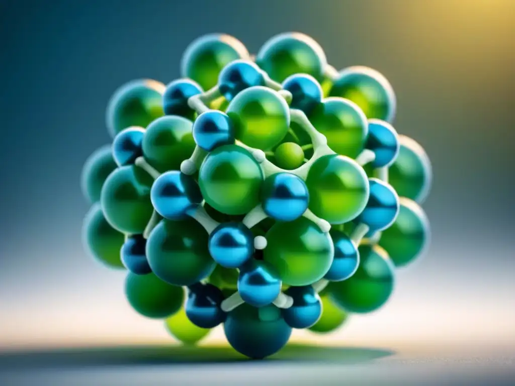 Estructura molecular de biocatalizador: detalle en verde y azul Estructura molecular detallada en tonos verdes y azules sobre fondo blanco