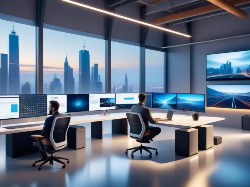 Estudio de diseño industrial futurista con tecnología avanzada y colaboración creativa Un estudio de diseño industrial futurista con Big Data en un ambiente innovador y tecnológico
