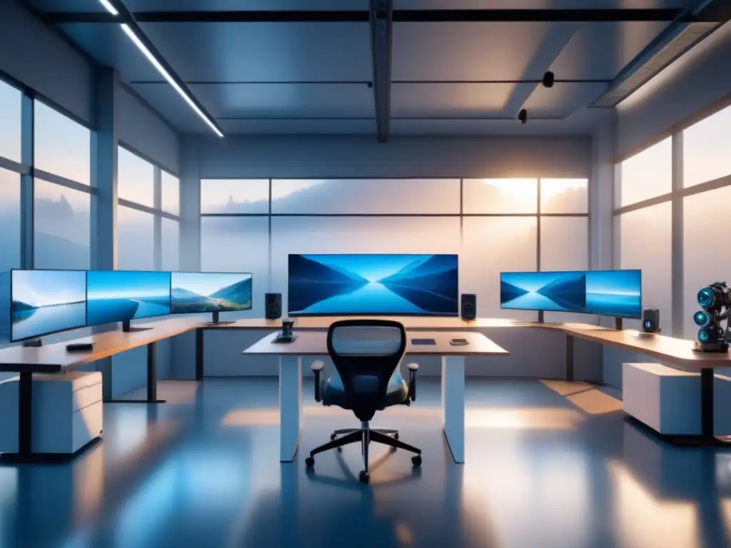 Un estudio de diseño industrial futurista con herramientas de interacción hombremáquina avanzadas, iluminado por luz natural