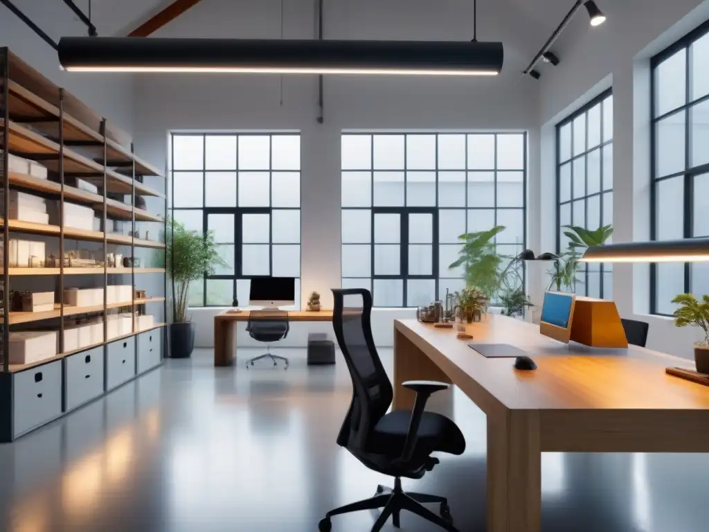 Un estudio de diseño industrial con materiales innovadores, eficiencia y creatividad en un espacio minimalista y luminoso